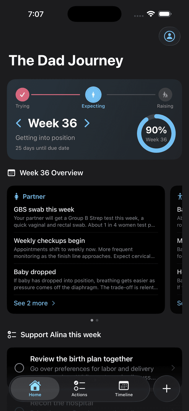 Dad Suite app showing week-by-week pregnancy guidance